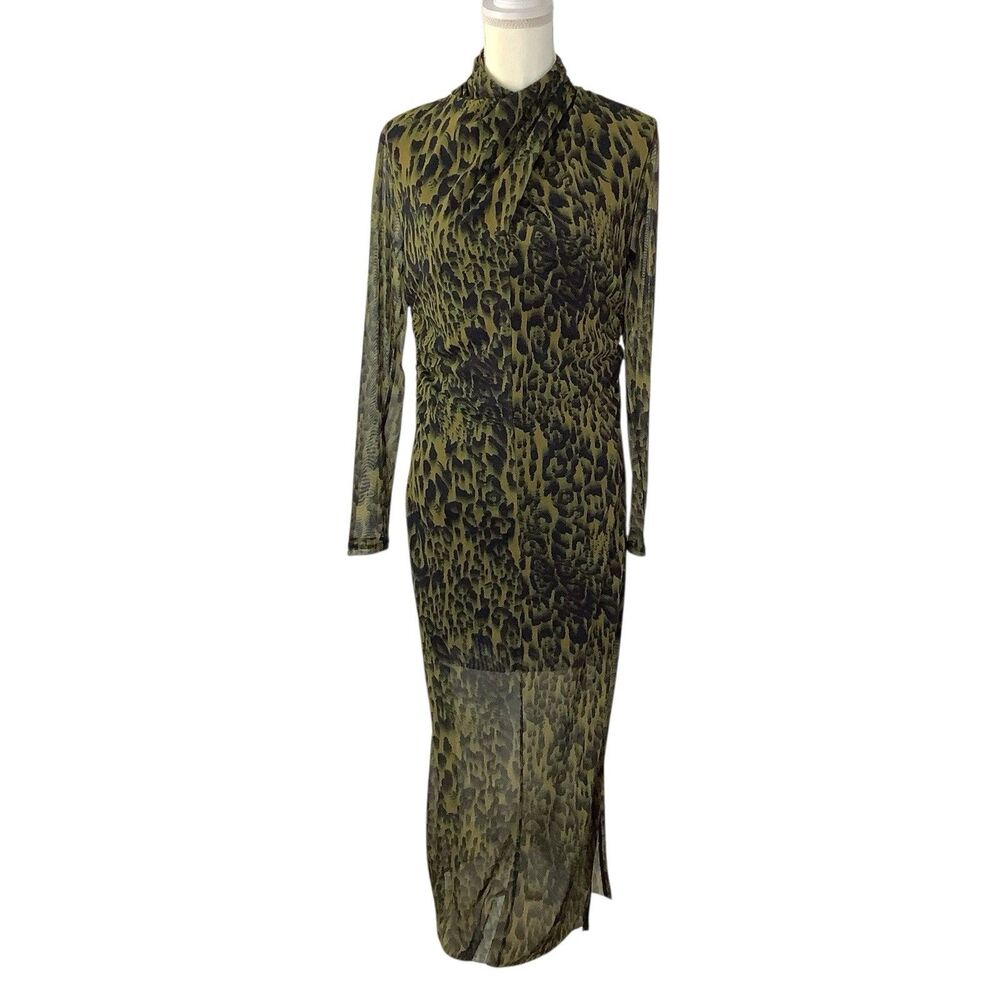 ALLSAINTS Tia Mesh Midi Dress Women US 8 Khaki Green Leopard Camo Grunge Glam
